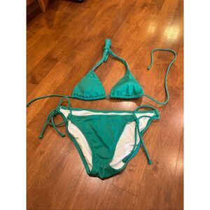 Y2K Victoria’s Secret Green String Bikini Set Triangle Top XS Tie Side Bottoms M